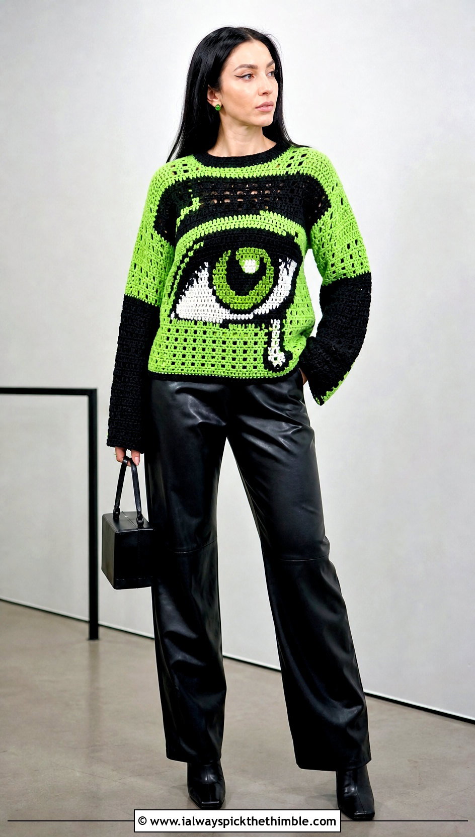 Anime Eye Mosaic Crochet Sweater With Leather Pants - 20 Anime Crochet Sweater outfit ideas
