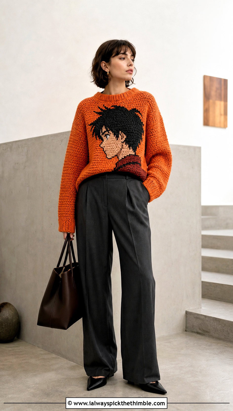 Anime Portrait Intarsia Crochet Sweater With Suit Pants - 20 Anime Crochet Sweater outfit ideas