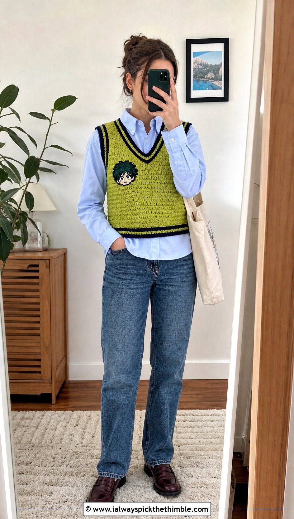 Anime School Crochet Vest With Oxford Shirt And Jeans - 20 anime inspired crochet clothes and outfit ideas