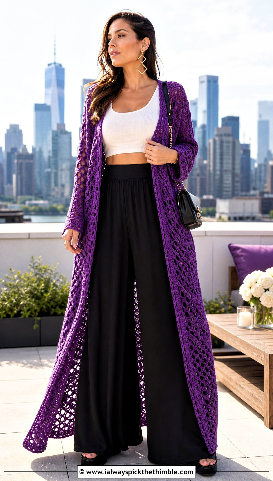 Ankle Length Crochet Duster With Crop Top And Palazzo Pants - 20 Easy Crochet Duster outfit ideas