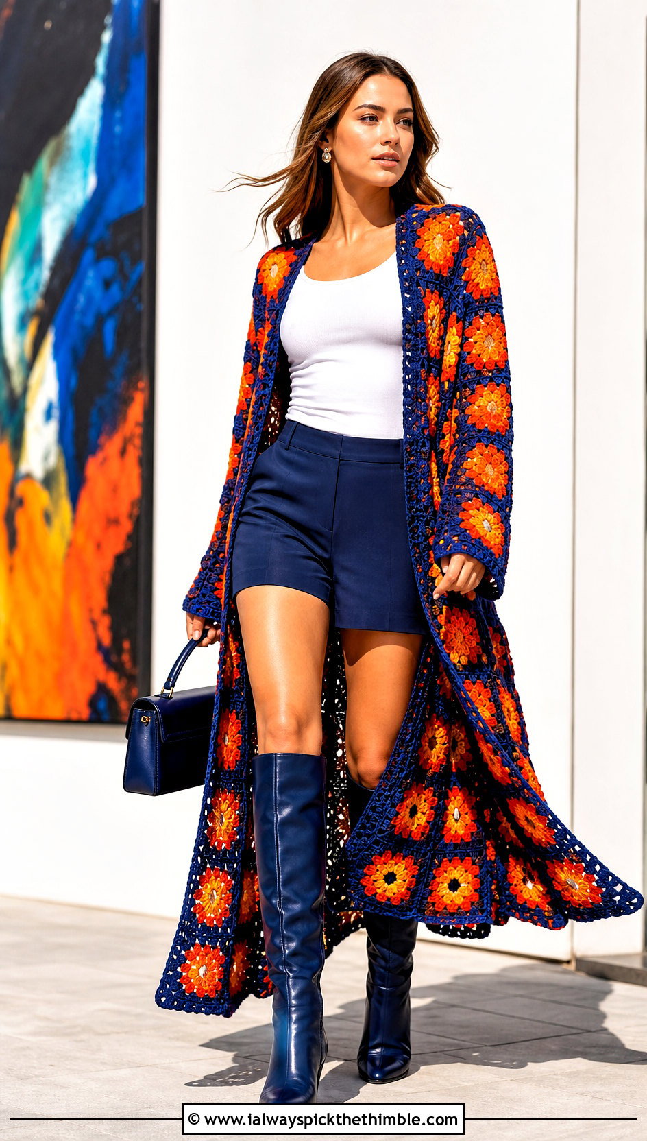 Ankle Length Granny Square Duster With Tailored Shorts - 25 granny square duster outfit ideas