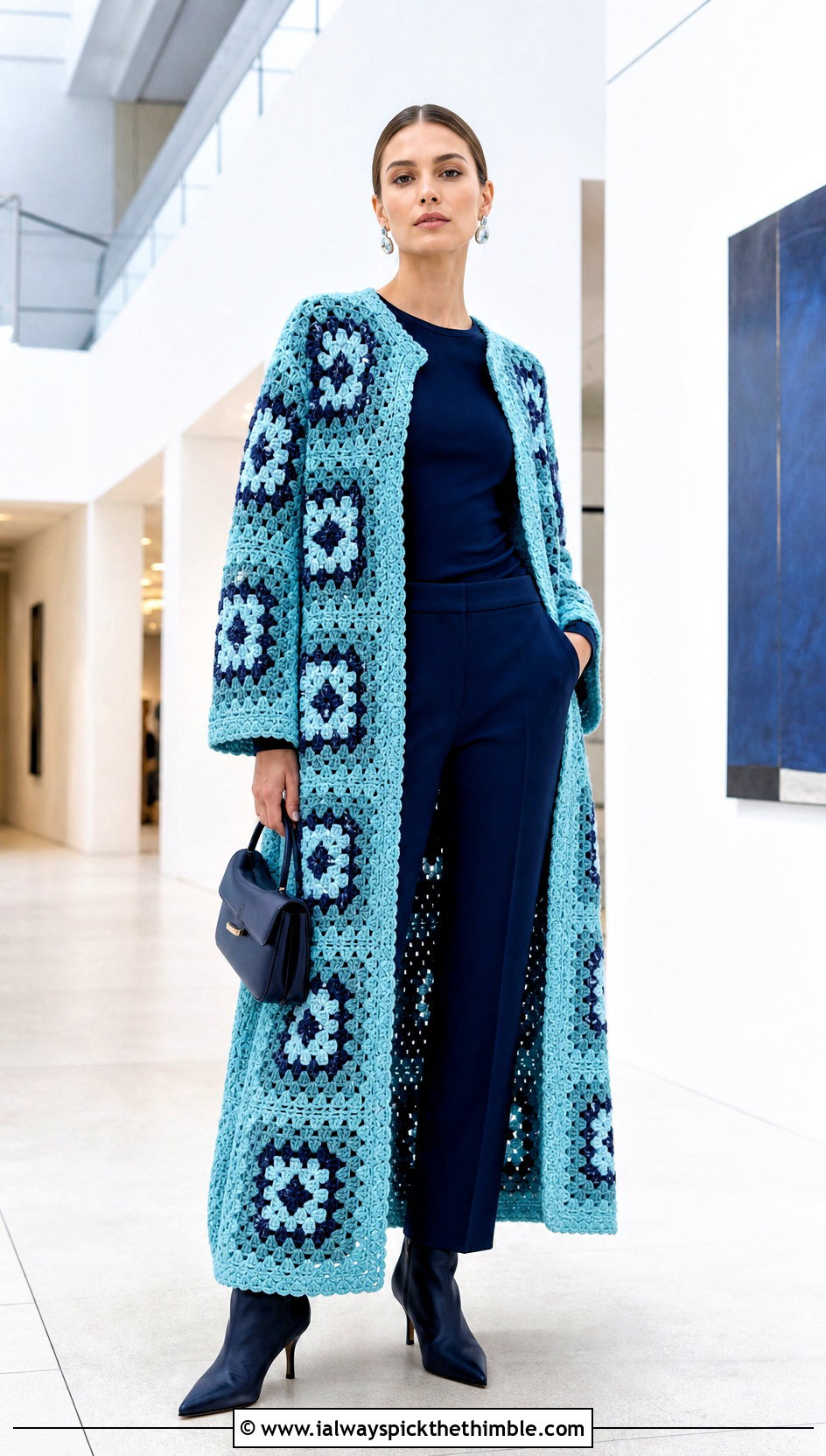 Ankle Length Granny Square Robe With Monochrome Outfit - 20 granny square robe outfit ideas