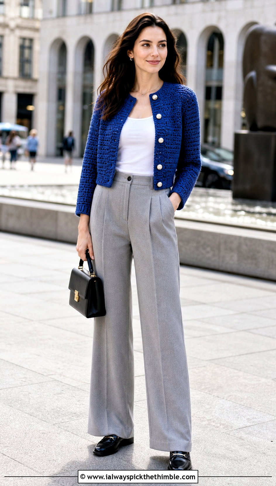 Anne Hathaway Crochet Cardigan With Wide Leg Trousers - 20 Celebrities Crochet Outfit ideas