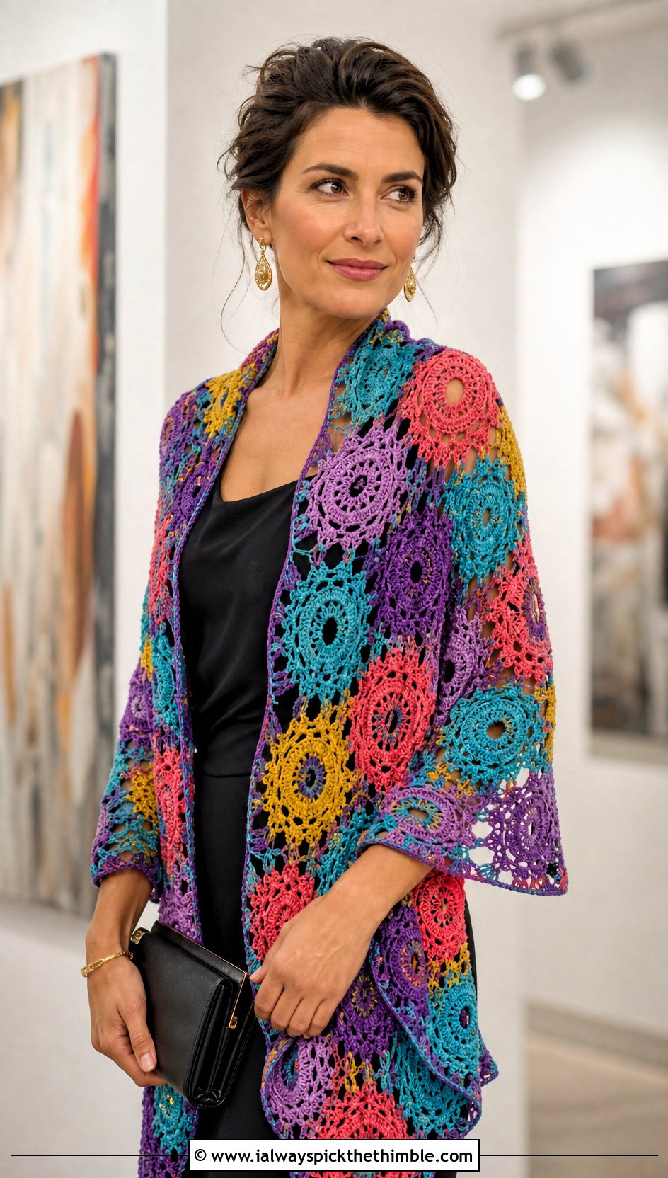 Apollonia Crochet Motif Shawl With Black Dress - 15 kristin omdahl crochet shawl outfit ideas