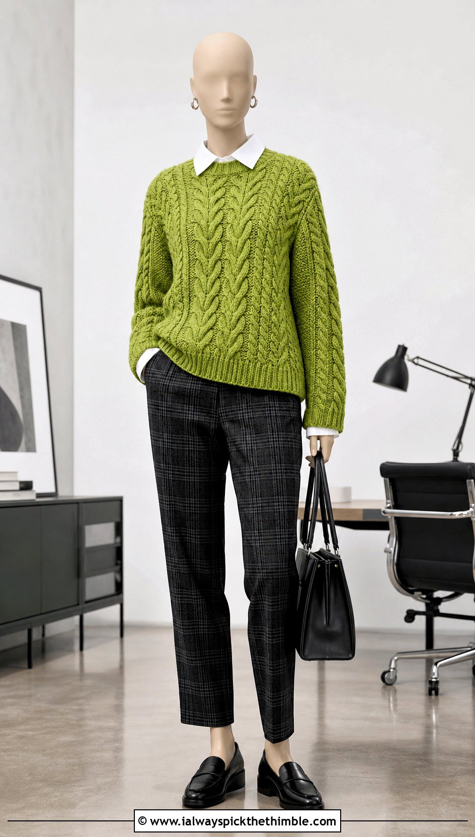 Apple Green Cable Crochet Sweater With Plaid Trousers - 15 Green Crochet Sweater On Mannequin outfit ideas