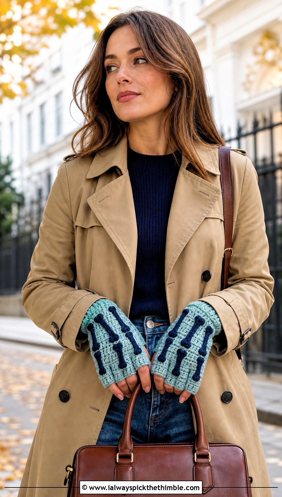 Applique Bone Skeleton Gloves With Trench Coat - 15 Skeleton Crochet Fingerless Gloves outfit ideas