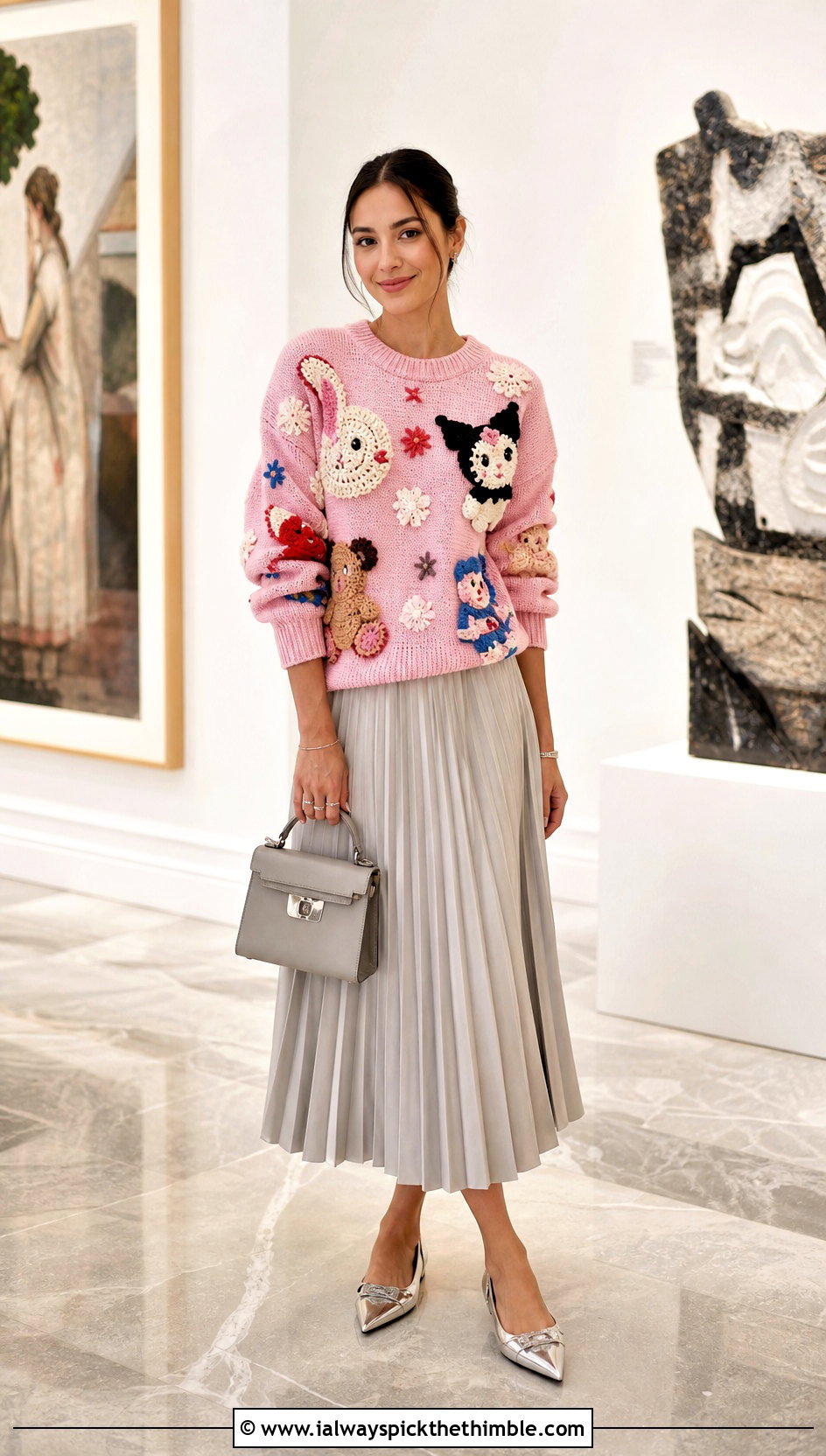 Applique Crochet Character Sweater With Pleated Midi Skirt - 20 Crochet Character Sweater outfit ideas