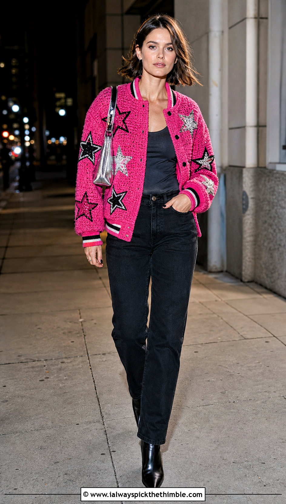 Applique Crochet Varsity Jacket With Black Denim - 25 crochet varsity jacket outfit ideas