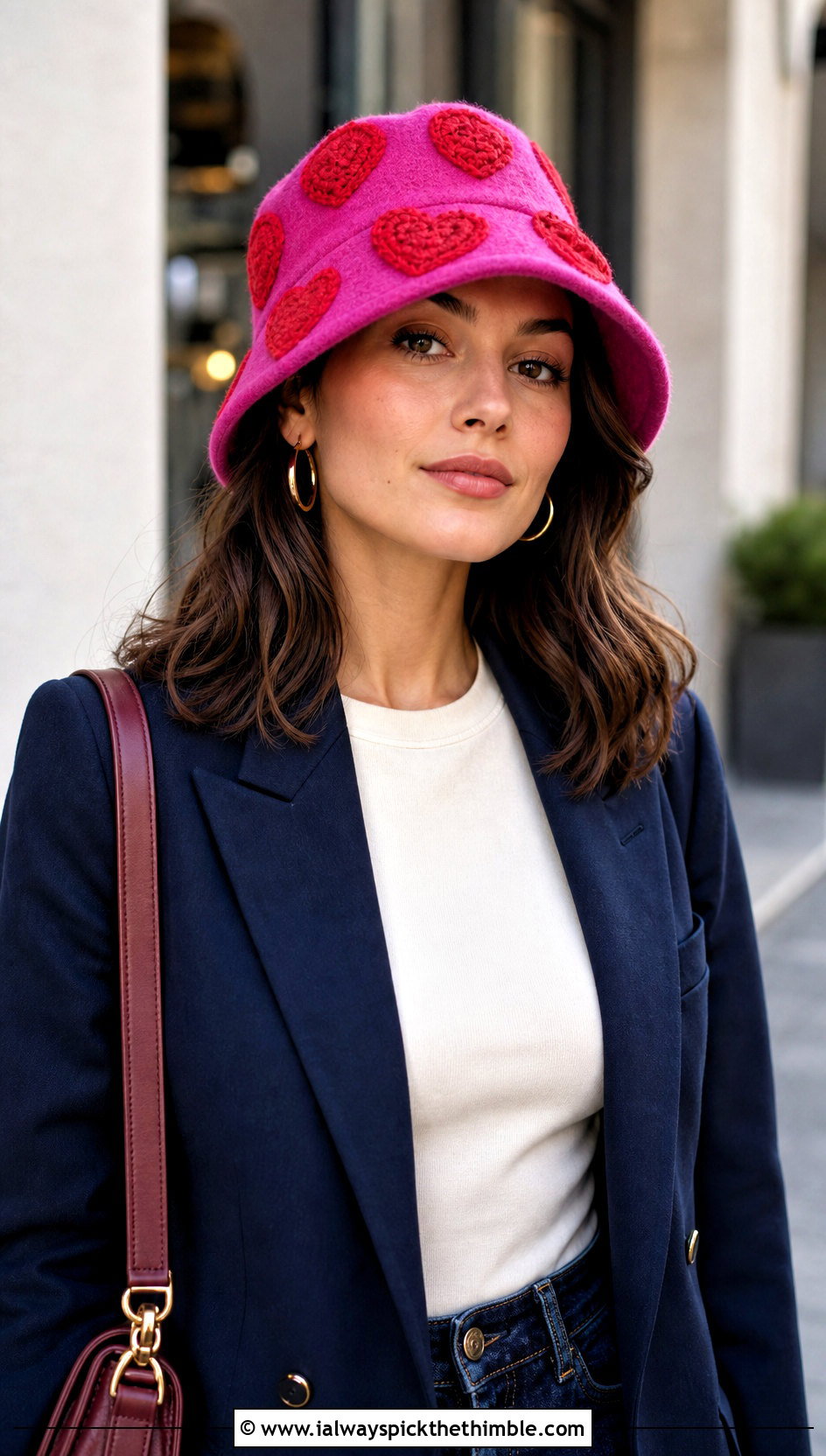 Applique Heart Bucket Hat With Blazer And Jeans - 20 crochet heart bucket hat outfit ideas