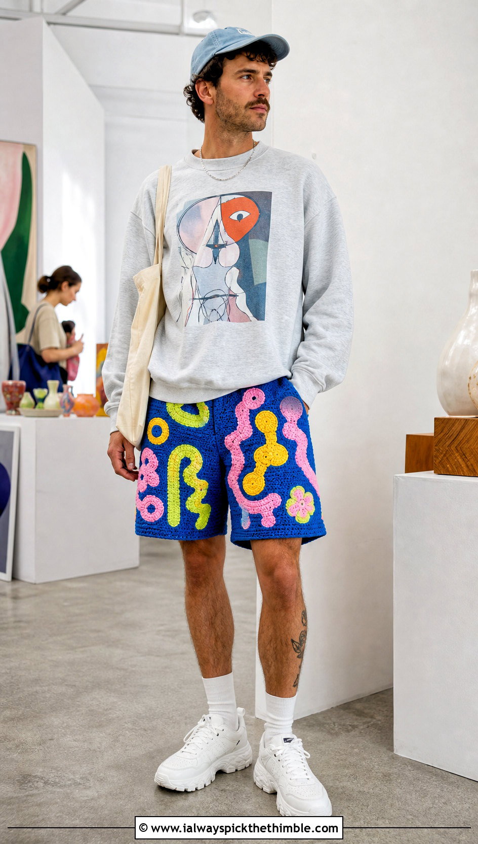 Applique Mens Crochet Shorts With Graphic Sweatshirt - 25 Crochet Mens Shorts outfit ideas