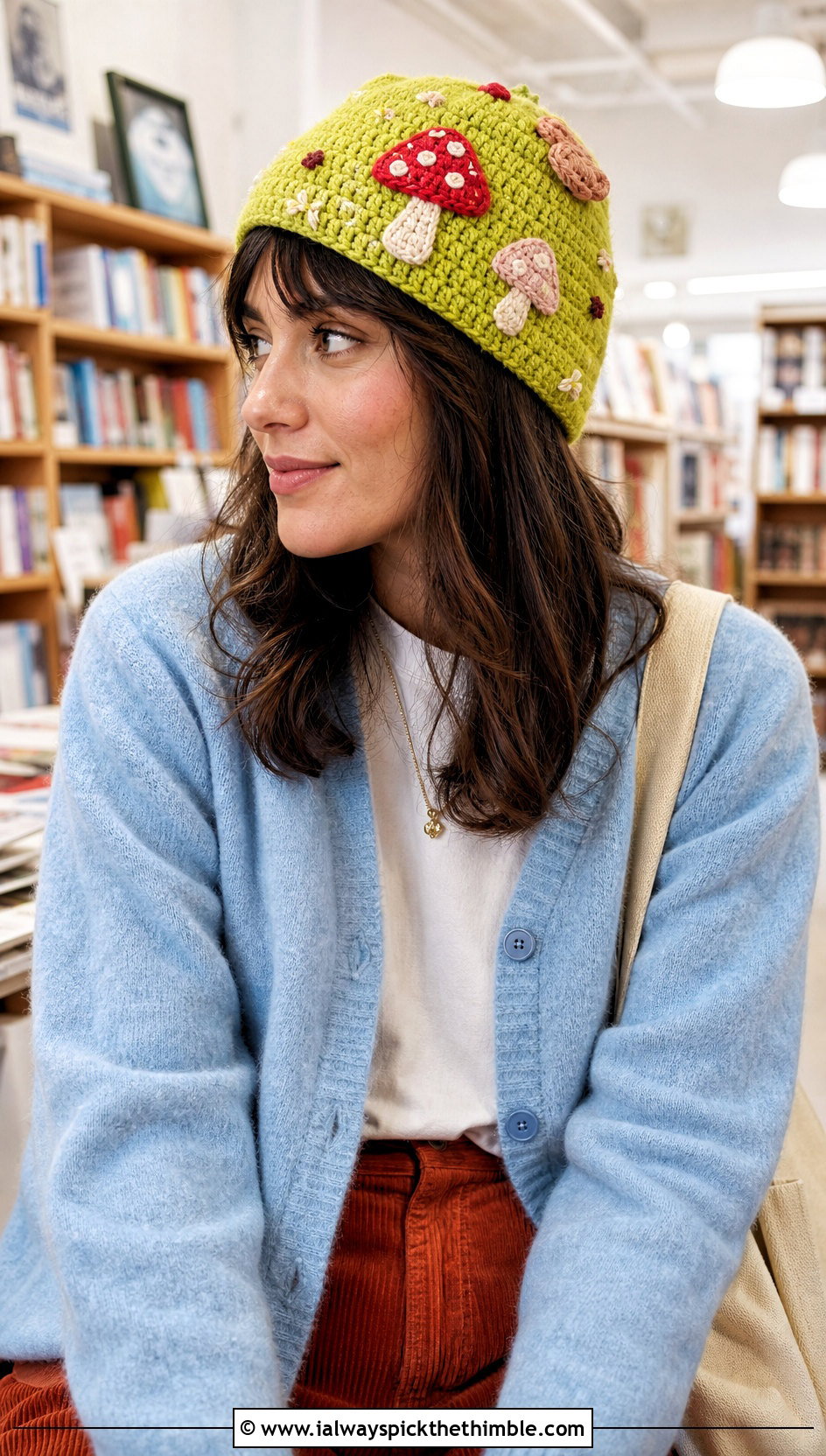 Applique Mushroom Beanie With Cardigan And Corduroy Pants - 20 crochet mushroom beanie outfit ideas