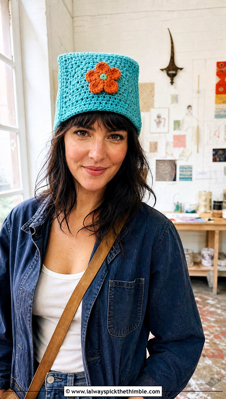 Applique Square Crochet Beanie With Artist Jacket And Barrel Jeans - 20 square crochet beanie outfit ideas