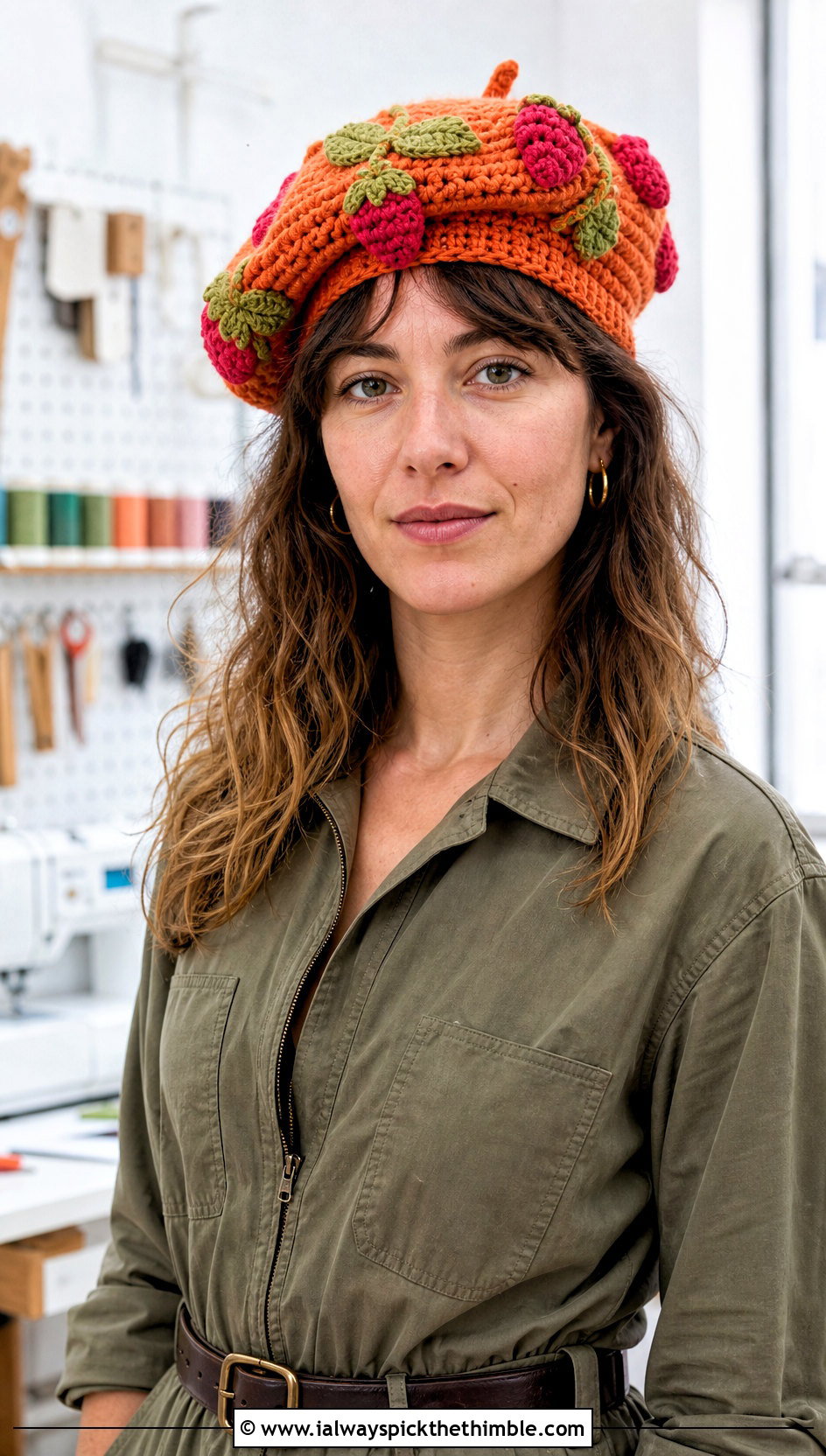 Applique Strawberry Crochet Beret With Utility Jumpsuit - 20 strawberry crochet beret outfit ideas
