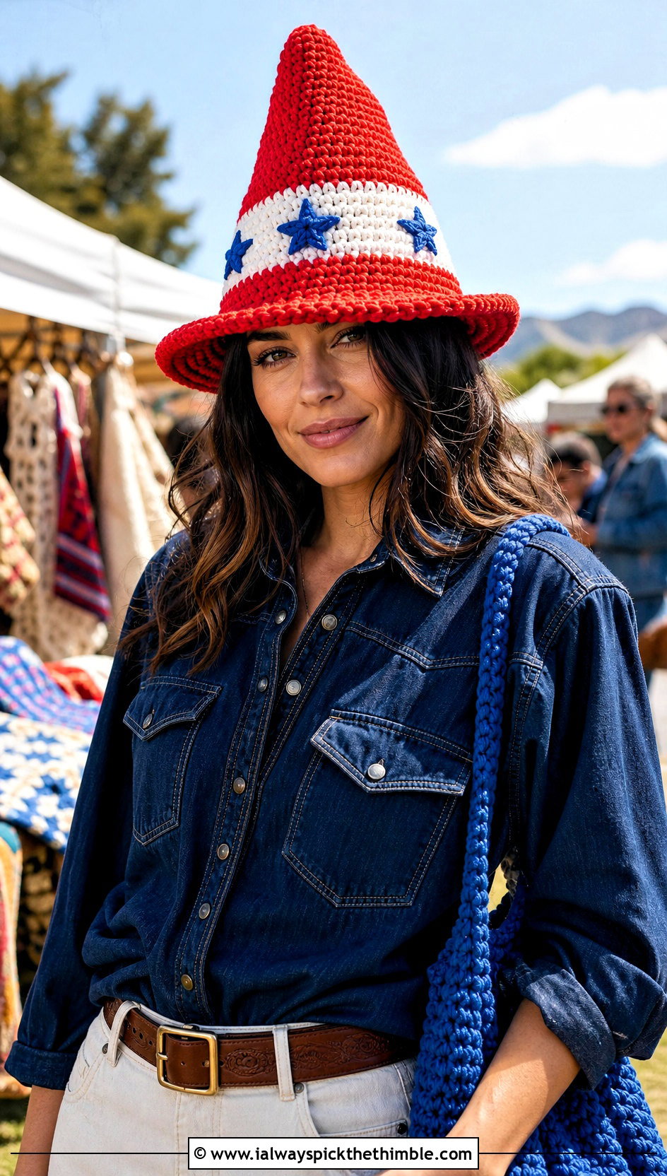 Applique Traffic Cone Hat With Western Denim - 20 crochet traffic cone hat outfit ideas