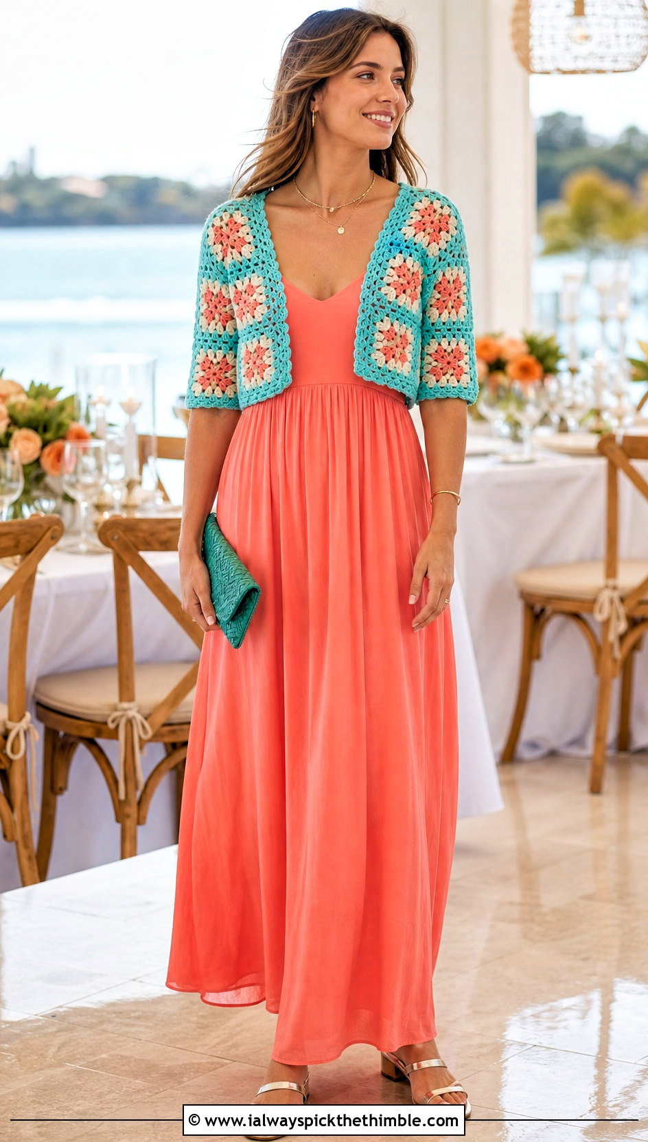 Aqua Granny Square Bolero Cardigan With Maxi Dress - 20 blue granny square cardigan outfit ideas