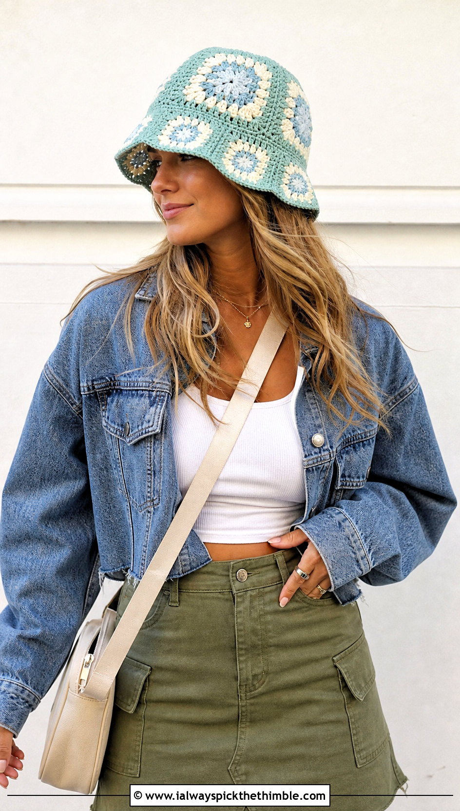 Aqua Granny Square Crochet Bucket Hat With Denim Jacket And Cargo Skirt - 25 Blue Crochet Hat outfit ideas