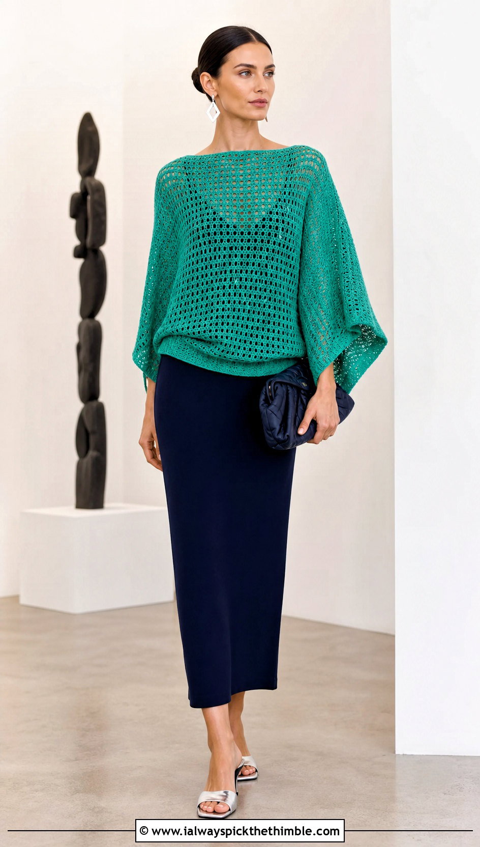 Aquamarine Batwing Green Crochet Jumper With Column Skirt - 20 green crochet jumper outfit ideas