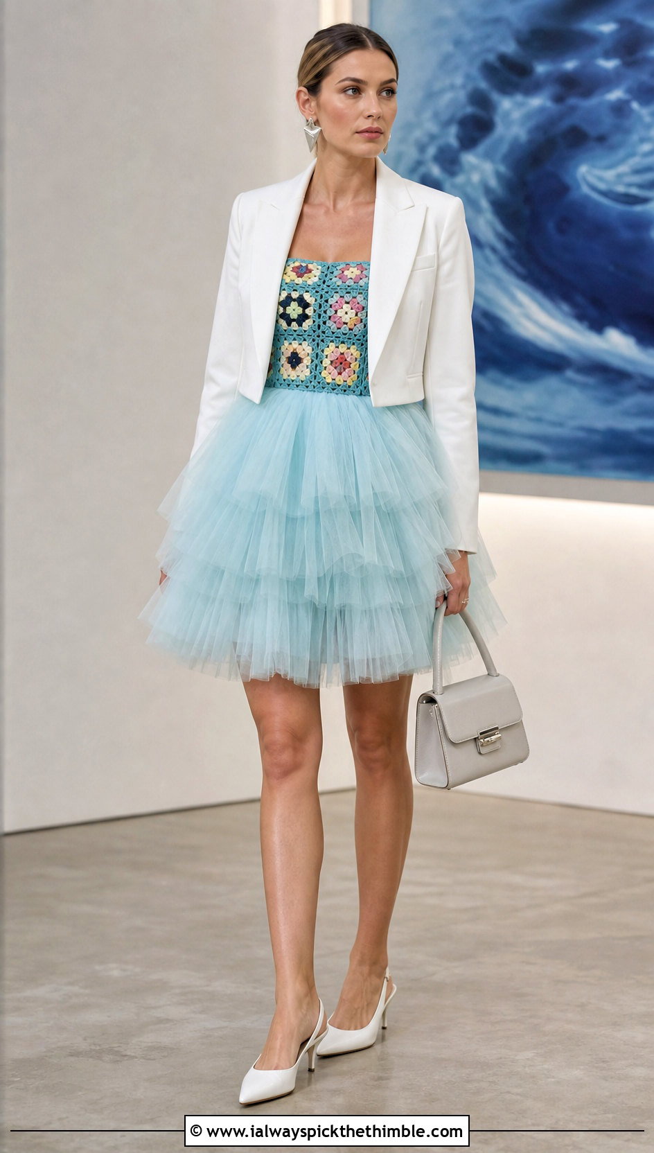 Aquamarine Granny Square Crochet Tutu Dress With White Blazer - 15 blue crochet tutu dress outfit ideas