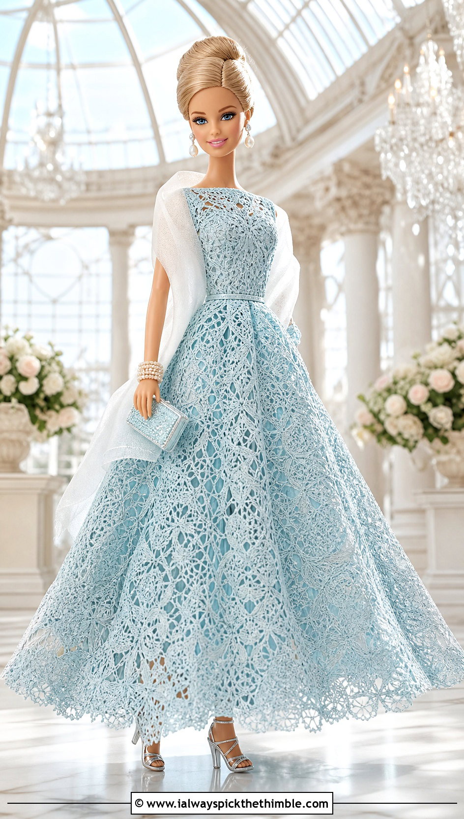 Aquamarine Lace Crochet Barbie Ball Gown - 20 crochet barbie ball gowns outfit ideas