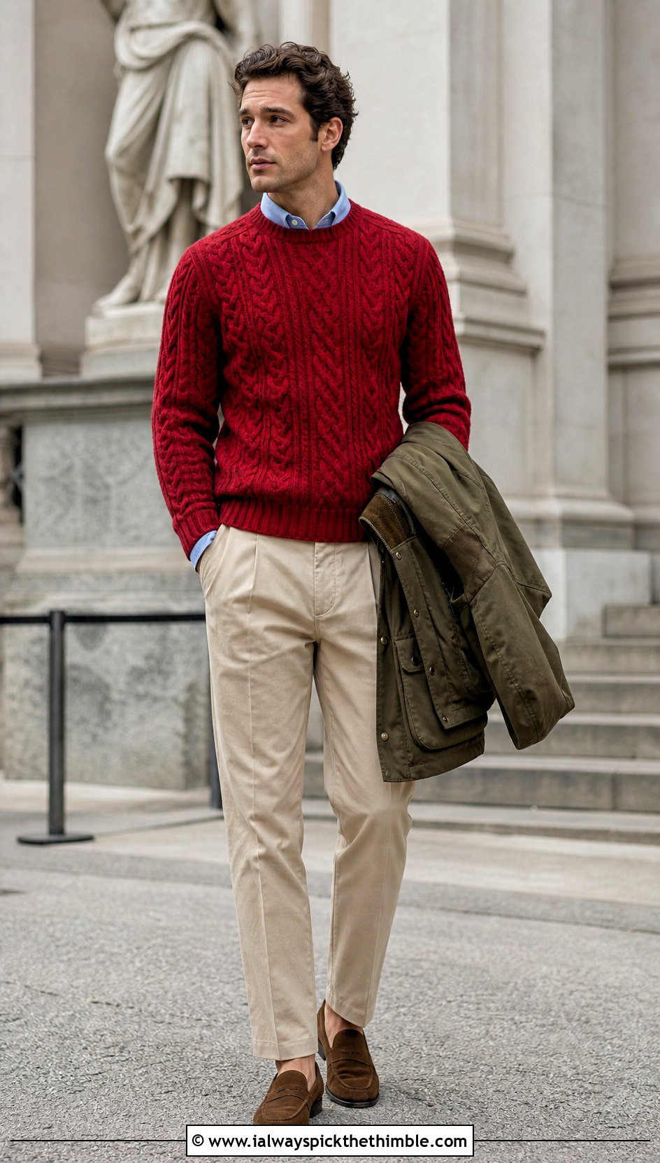 Aran Cable Crochet Sweater With Pleated Chinos - 15 Mens Cable Crochet Sweater outfit ideas