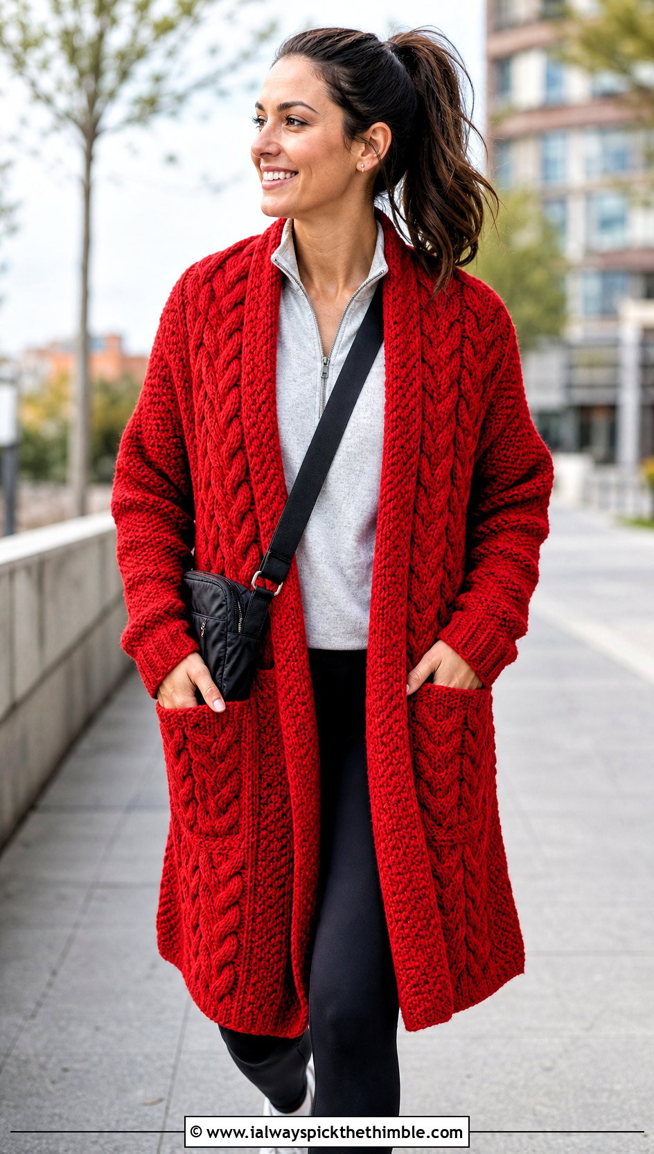 Aran Celtic Pocket Shawl With Leggings - 20 Celtic Crochet Shawl outfit ideas