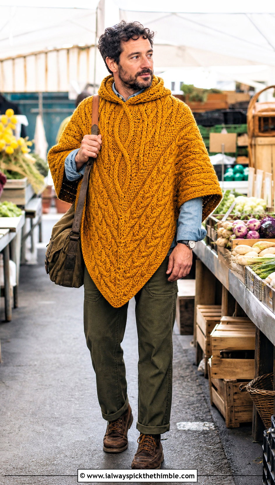 Aran Crochet Poncho With Workwear Pants - 20 mens crochet poncho outfit ideas
