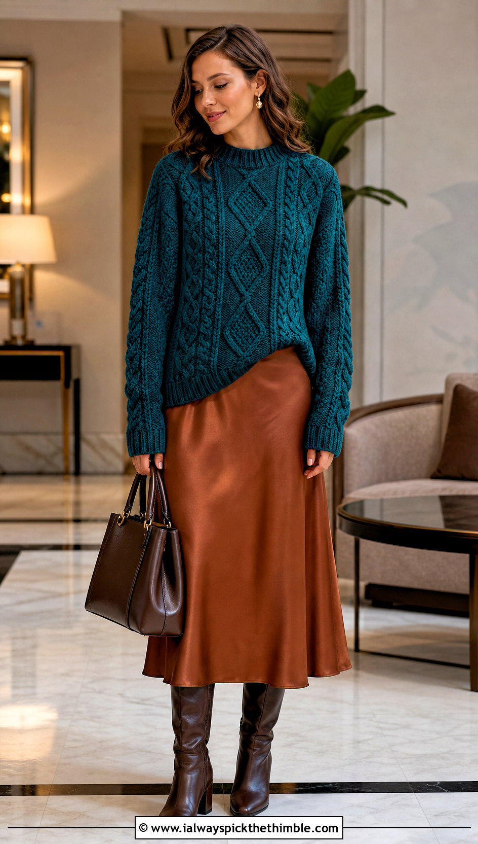 Aran Style Cable Crochet Sweater With Satin Midi Skirt - 25 cable crochet sweater outfit ideas