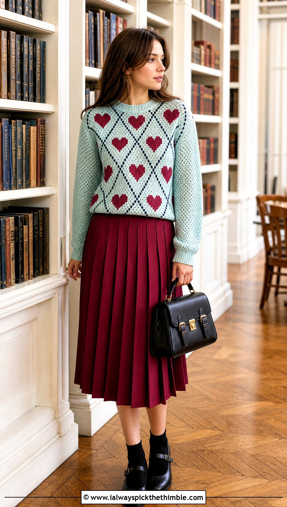 Argyle Crochet Heart Sweater With Pleated Midi Skirt - 25 crochet heart sweater outfit ideas