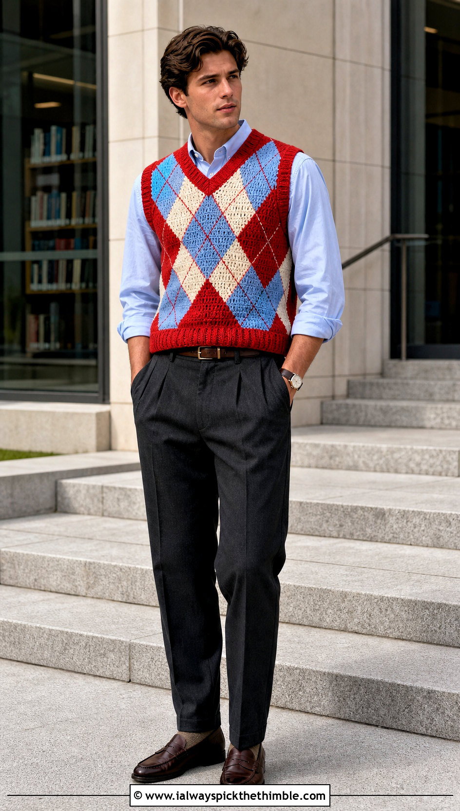 Argyle Crochet Mens Sweater Vest With Oxford Shirt And Pleated Trousers - 20 crochet mens sweater vest outfit ideas