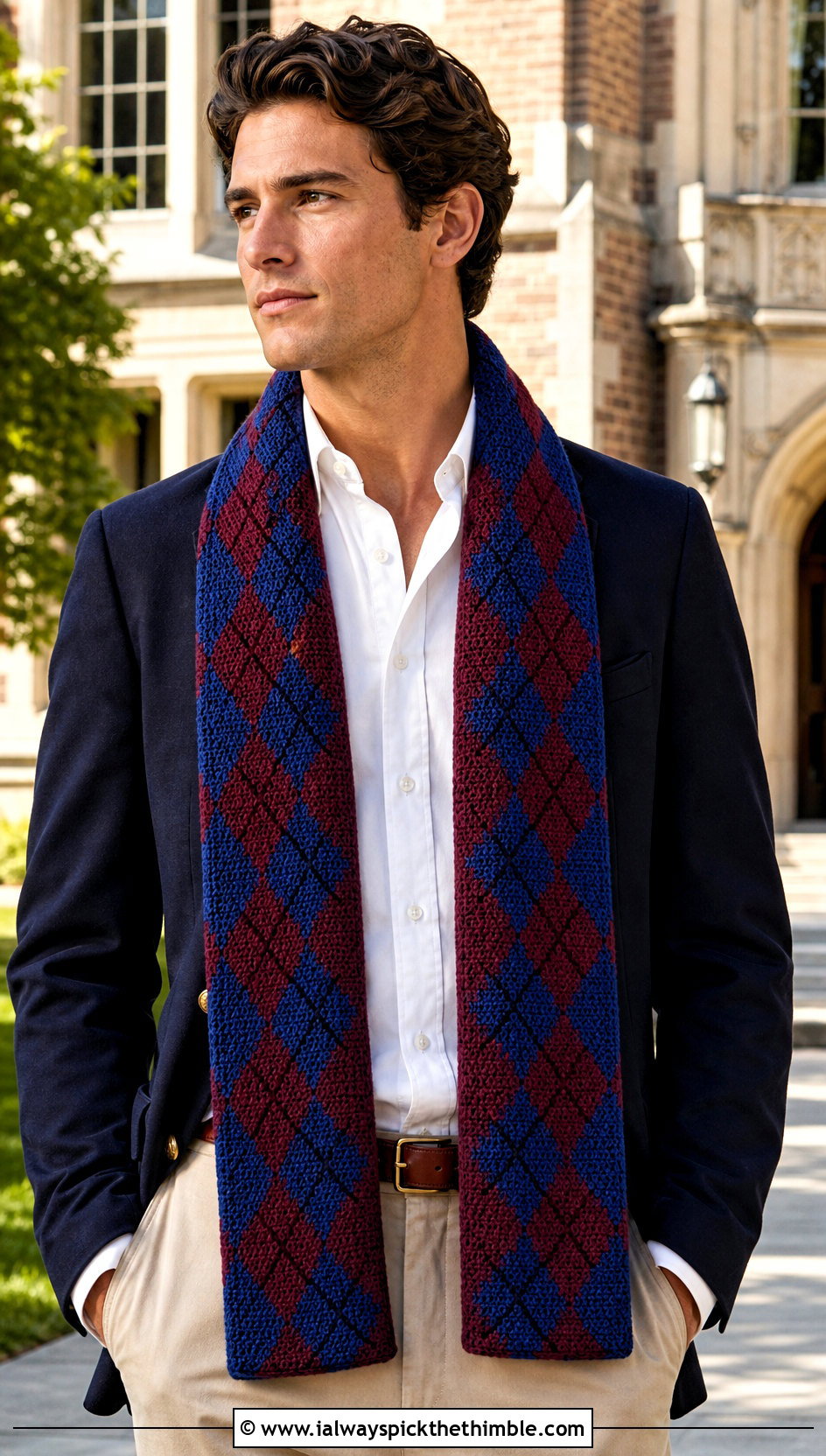 Argyle Crochet Scarf With Preppy Blazer - 20 men's crocheted scarf outfit ideas