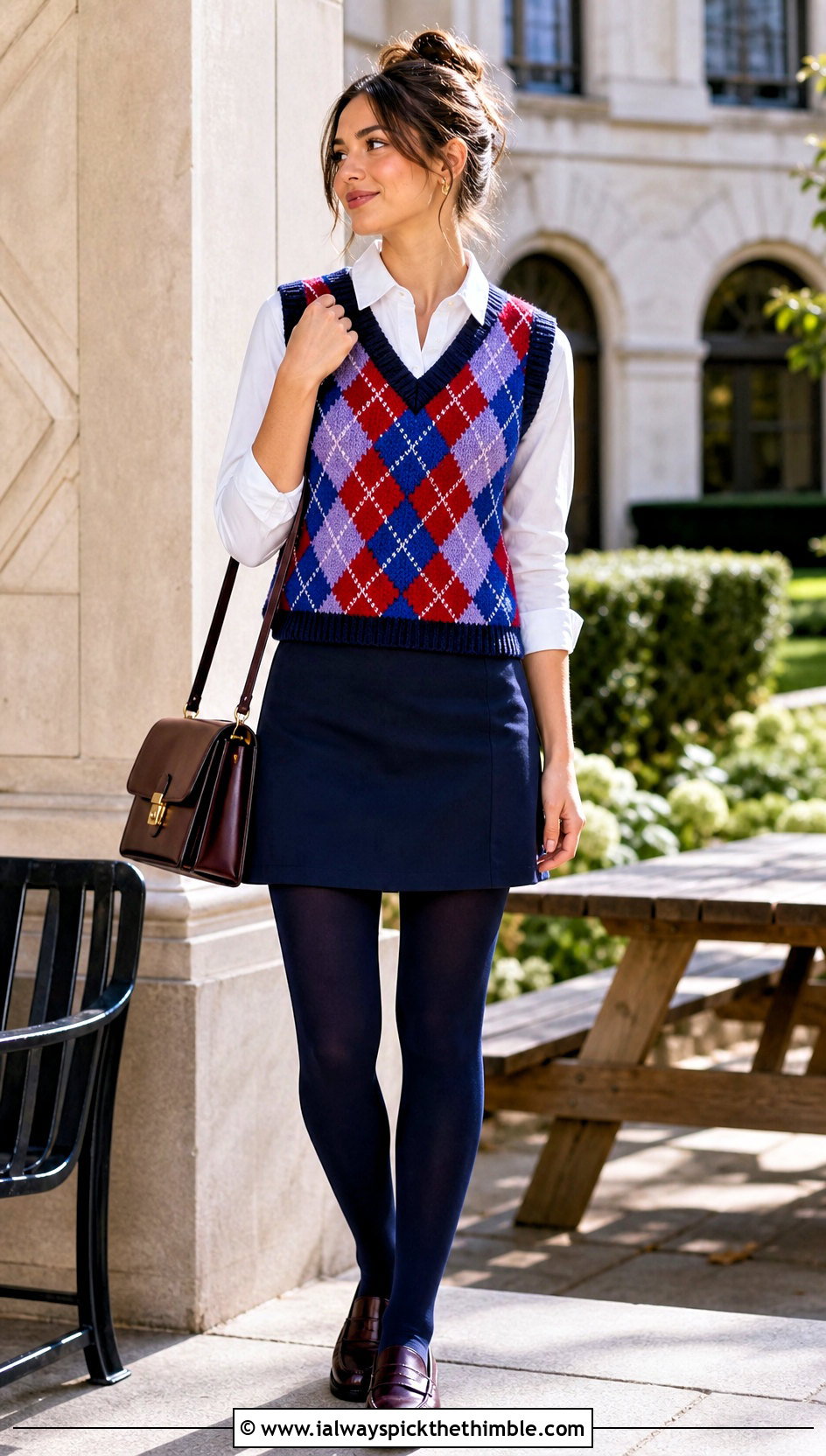 Argyle Crochet Sweater Vest With Mini Skirt - 25 easy crochet vest outfit ideas