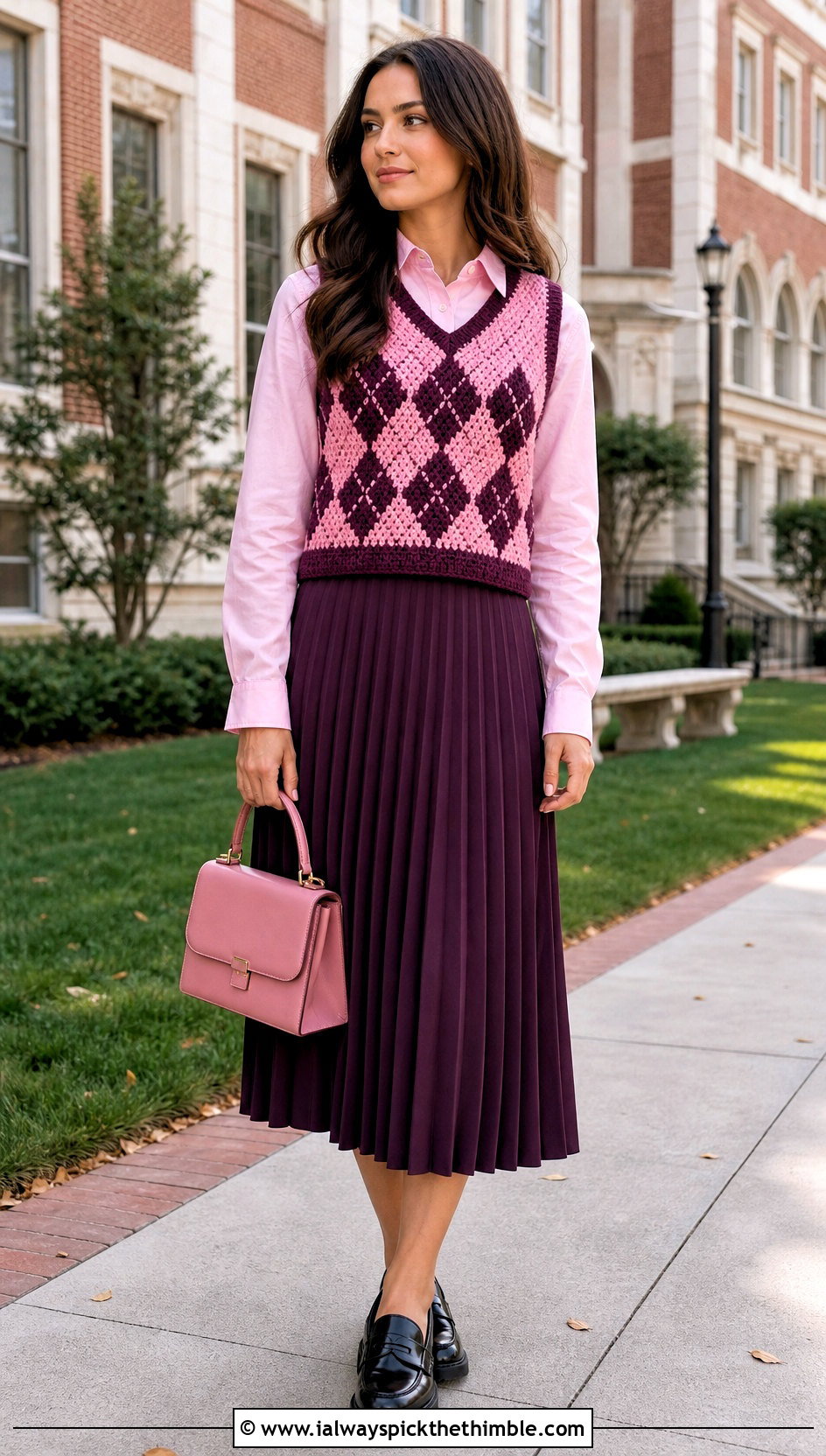 Argyle Crochet Sweater Vest With Pleated Midi Skirt - 15 basic crochet sweater vest outfit ideas