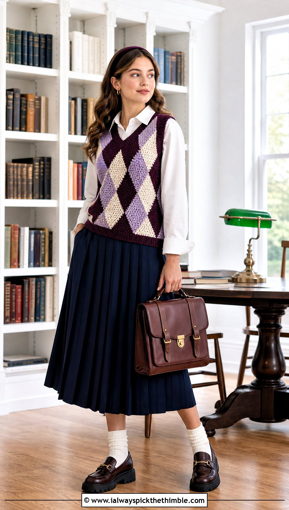 Argyle Crochet Sweater Vest With Pleated Skirt - 25 diy crochet vest outfit ideas