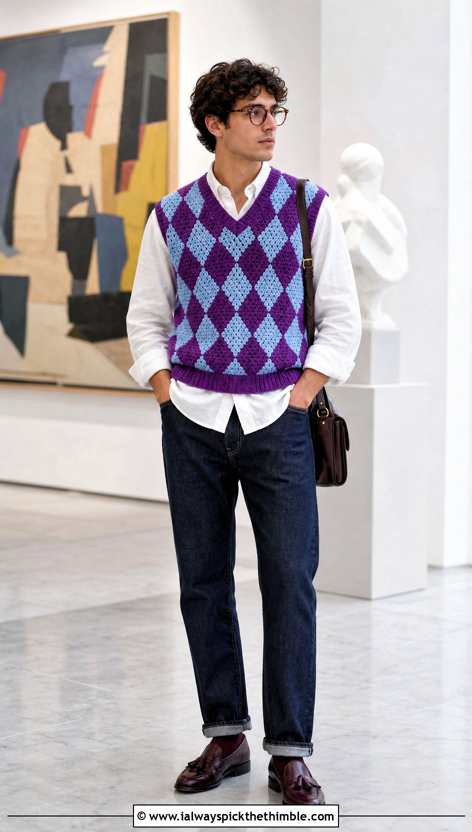 Argyle Crochet Vest With Oxford Shirt And Jeans - 25 crochet vest for men outfit ideas