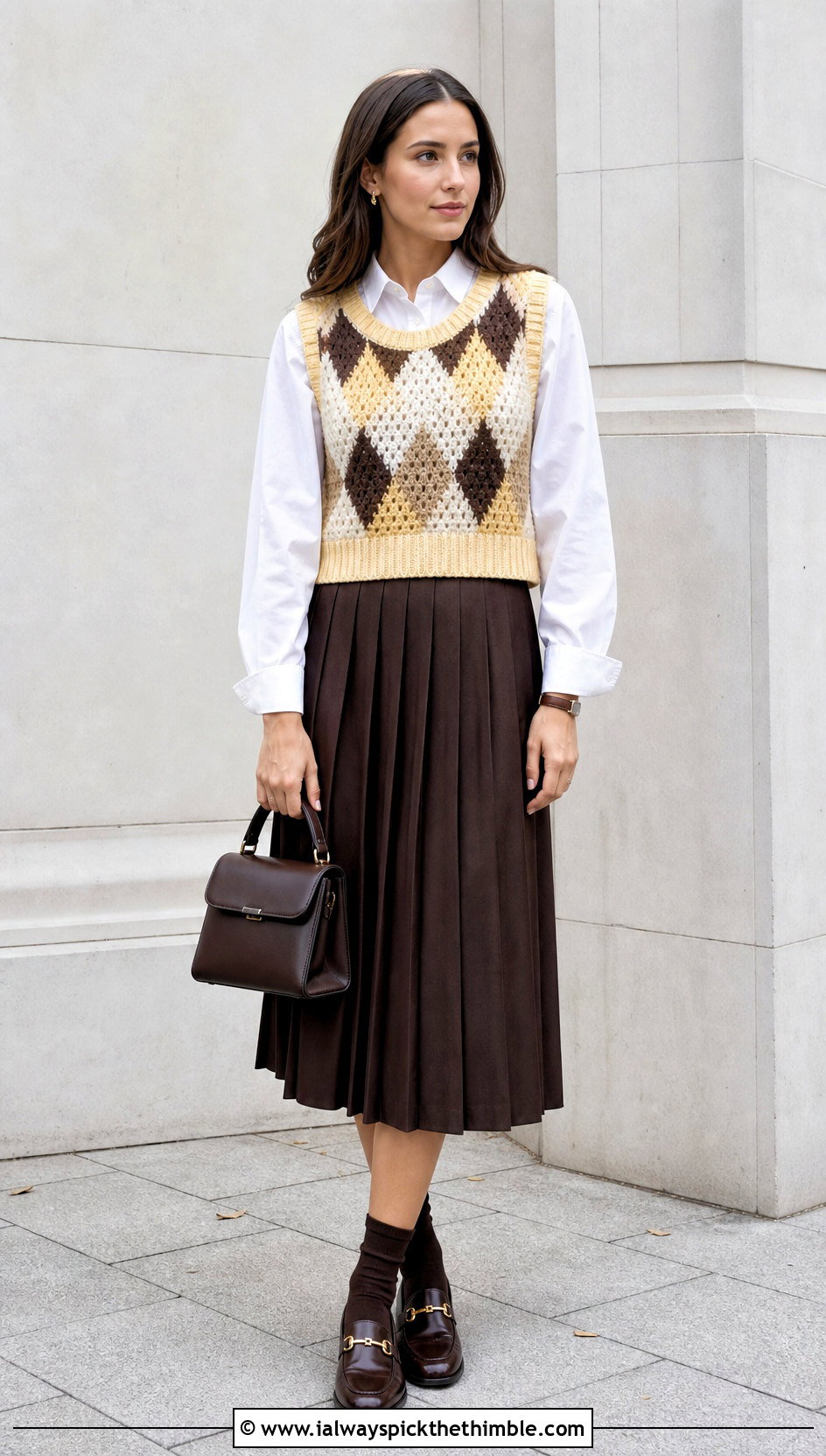 Argyle Crochet Vest With Pleated Midi Skirt - 15 Crochet Fall Vest outfit ideas