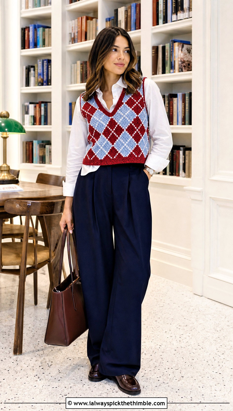 Argyle Crochet Vest With Pleated Trousers - 25 crochet vests outfit ideas