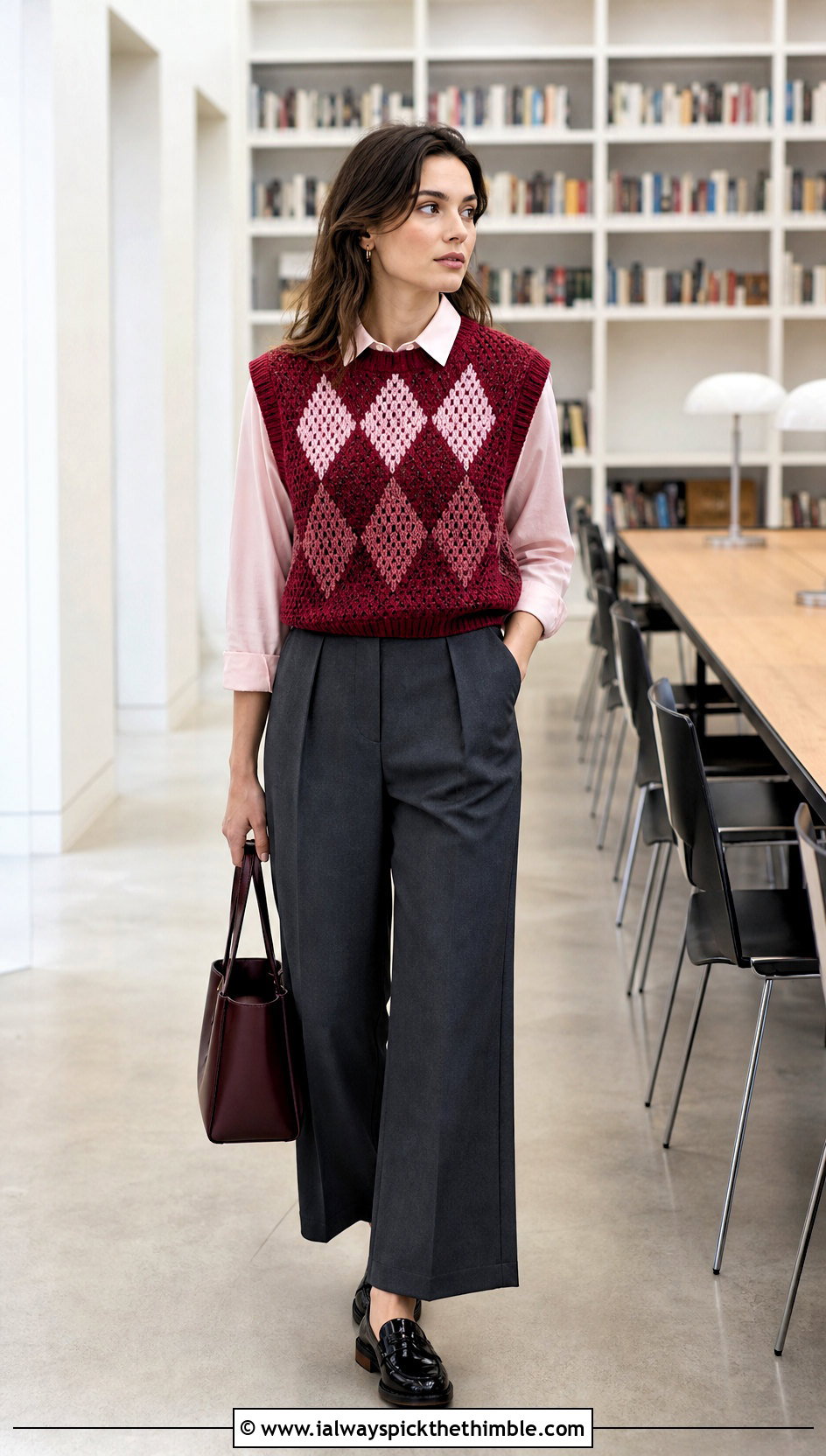 Argyle Crochet Vest With Pleated Trousers - 25 crochet vest for women outfit ideas
