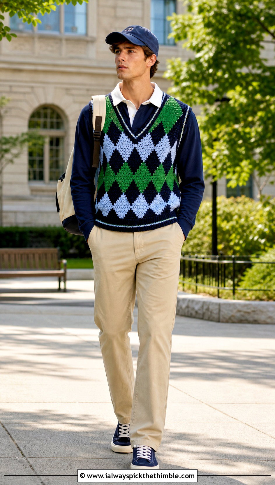 Argyle Crochet Vest With Rugby Shirt And Chinos - 20 mens crochet vest outfit ideas