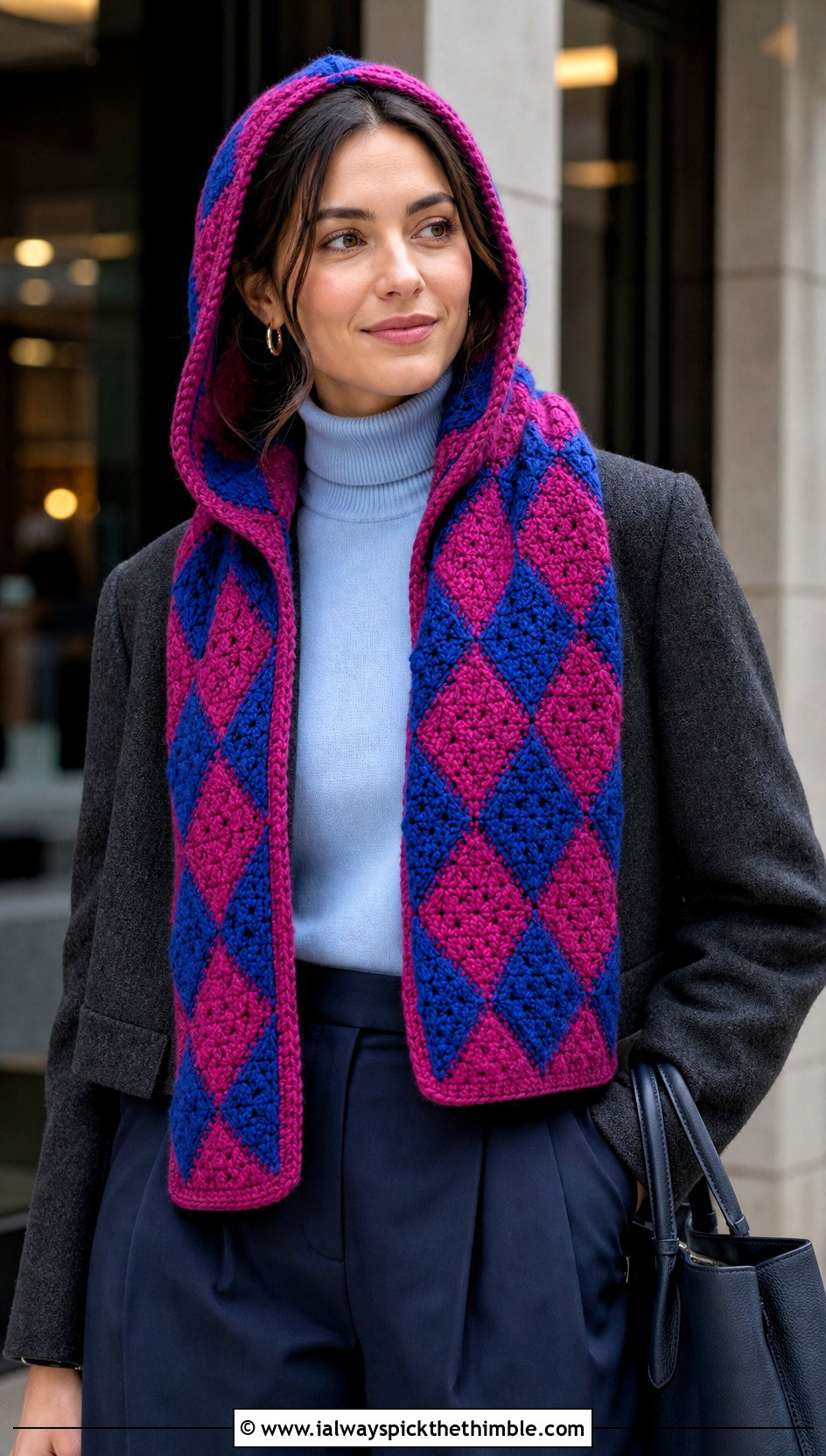 Argyle Hooded Scarf With Pleated Trousers - 20 crochet scarf with hood outfit ideas