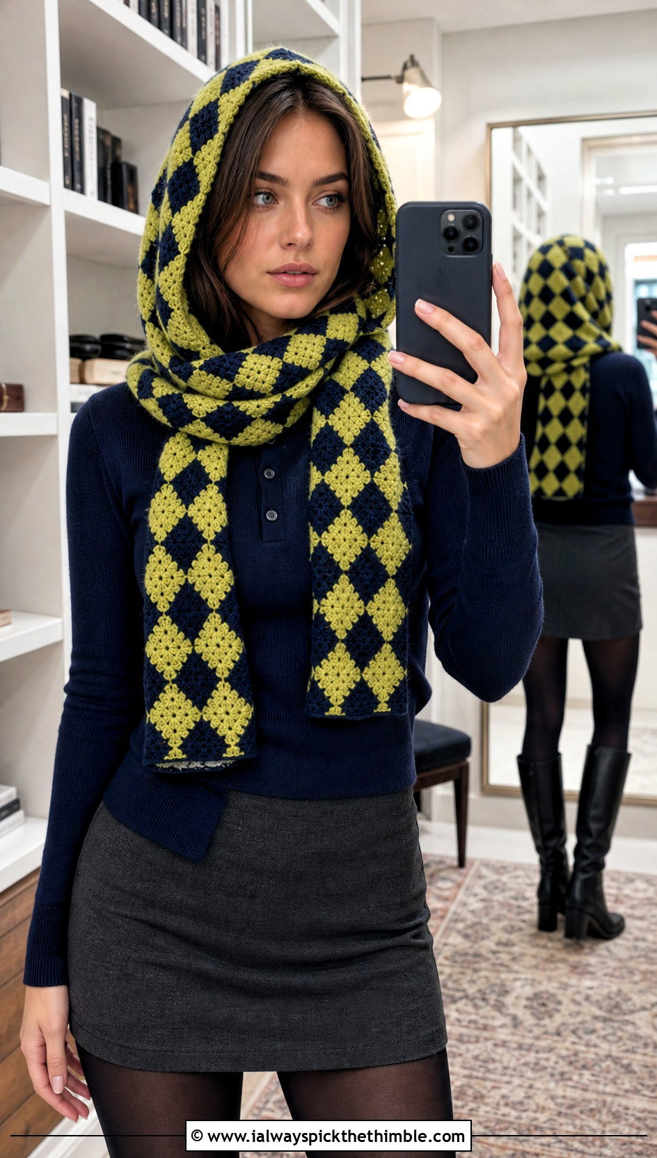 Argyle Hooded Scarf With Preppy Mini Skirt Outfit - 20 crochet scarf hood outfit ideas