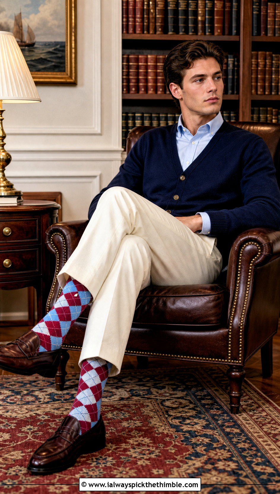 Argyle Inspired Crochet Socks With Cardigan And Trousers - 25 crochet socks for men outfit ideas