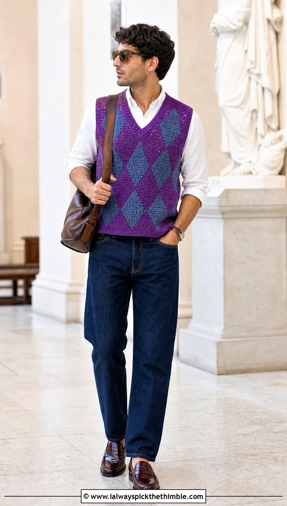 Argyle Mens Crochet Vest With Oxford Shirt - 20 men's crochet vest outfit ideas