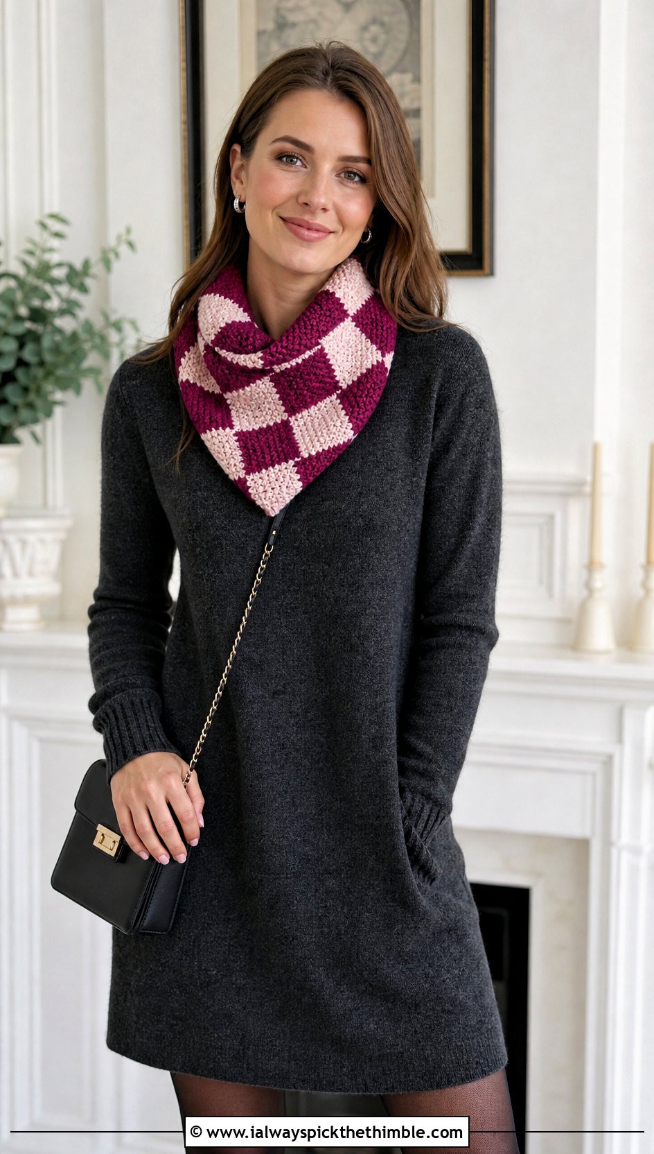 Argyle Moss Stitch Crochet Cowl With Sweater Dress And Loafers - 15 Moss Stitch Crochet Cowl outfit ideas