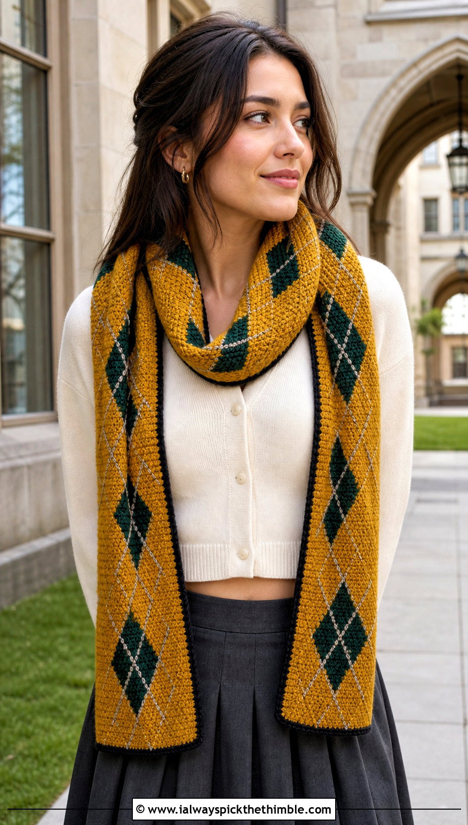 Argyle Slytherin Crochet Scarf With Cardigan And Pleated Skirt - 20 slytherin crochet scarf outfit ideas