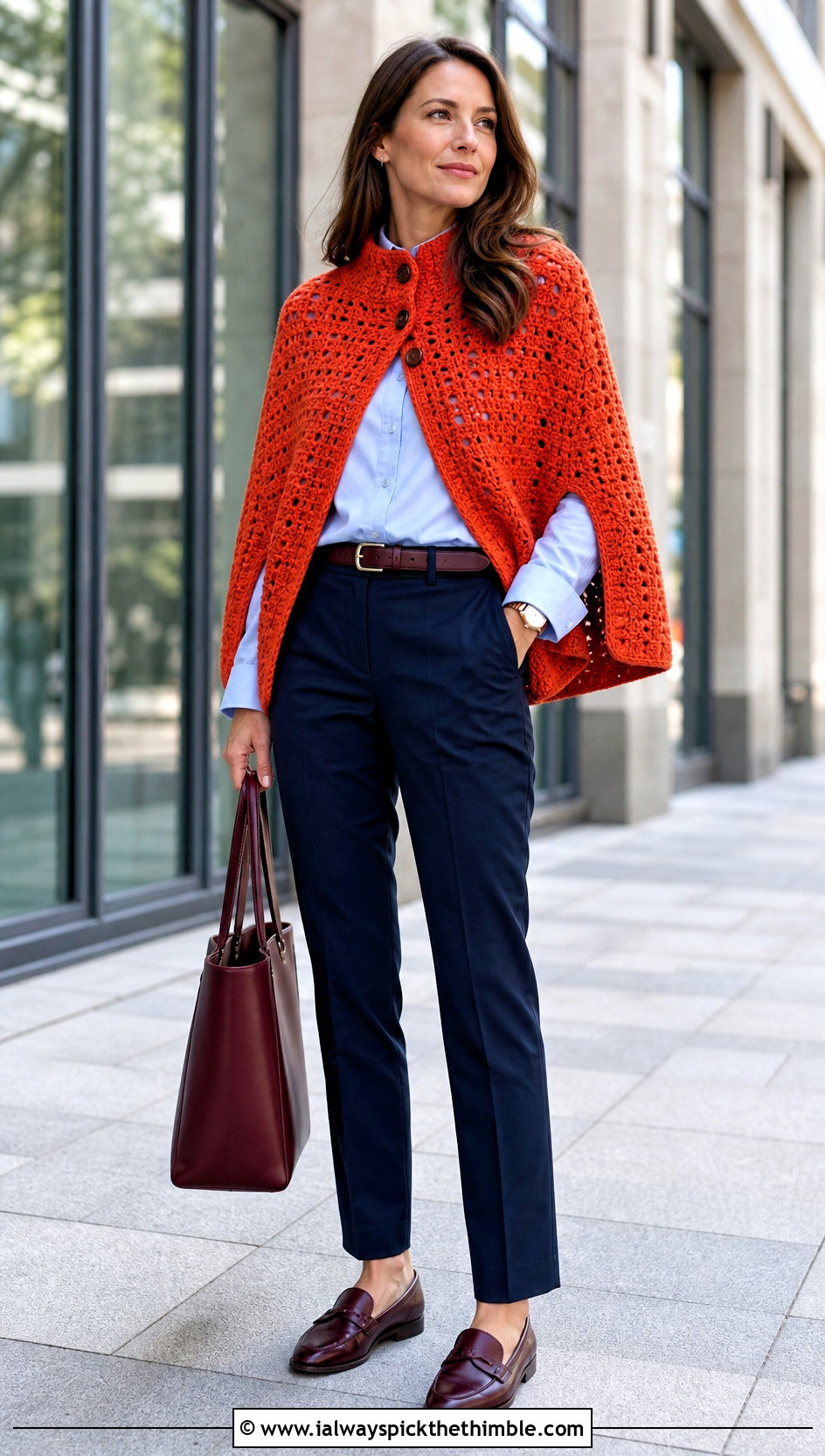 Armhole Crochet Cape With A Belted Shirt And Trousers - 25 crochet cape outfit ideas