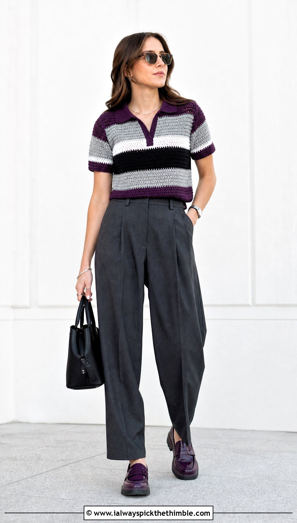 Asexual Stripe Crochet Polo Top With Pleated Trousers - 25 crochet pride top outfit ideas