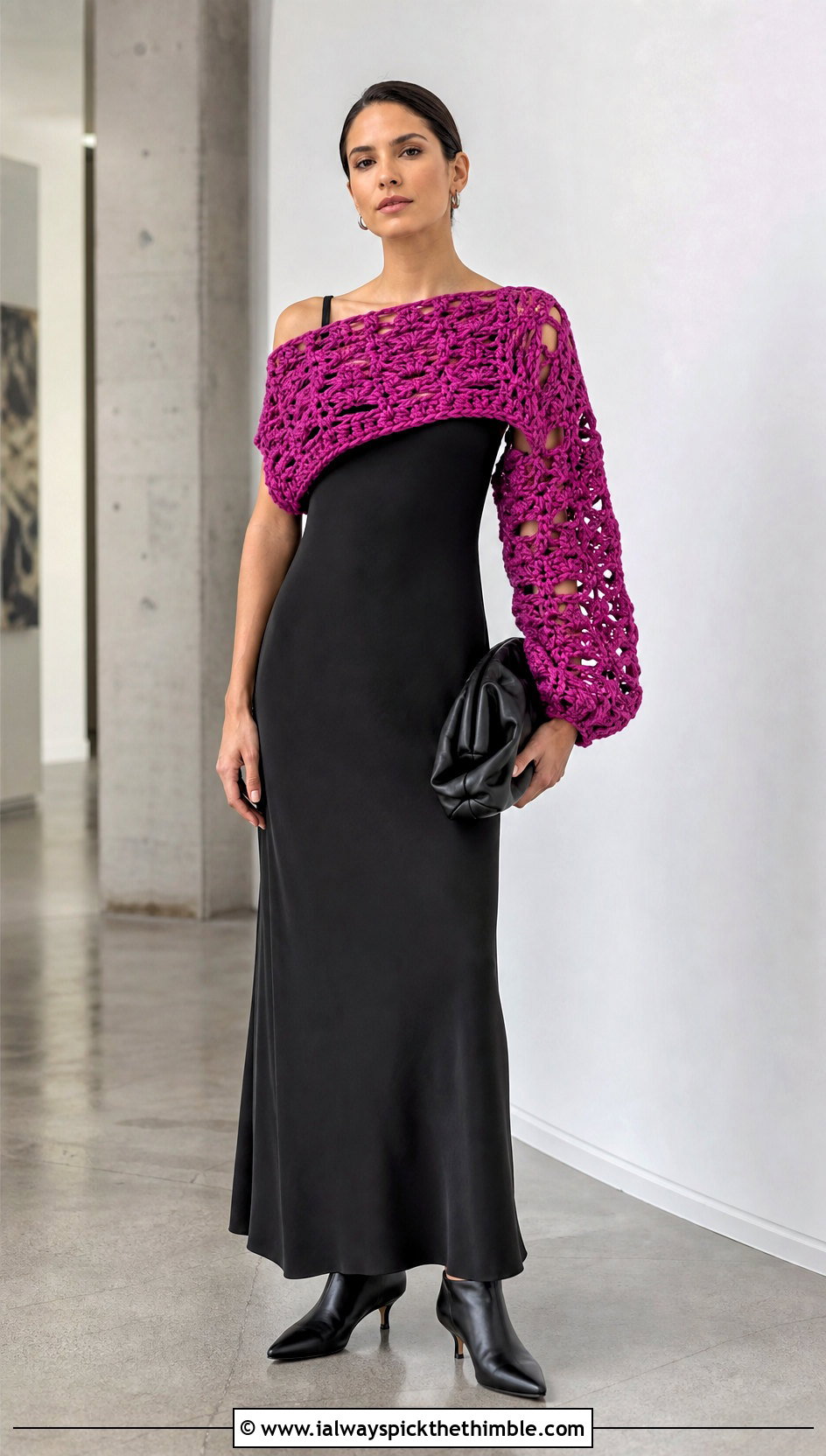 Asymmetric Ballet Crochet Shrug With Black Maxi Dress - 20 Ballet Crochet Shrug outfit ideas