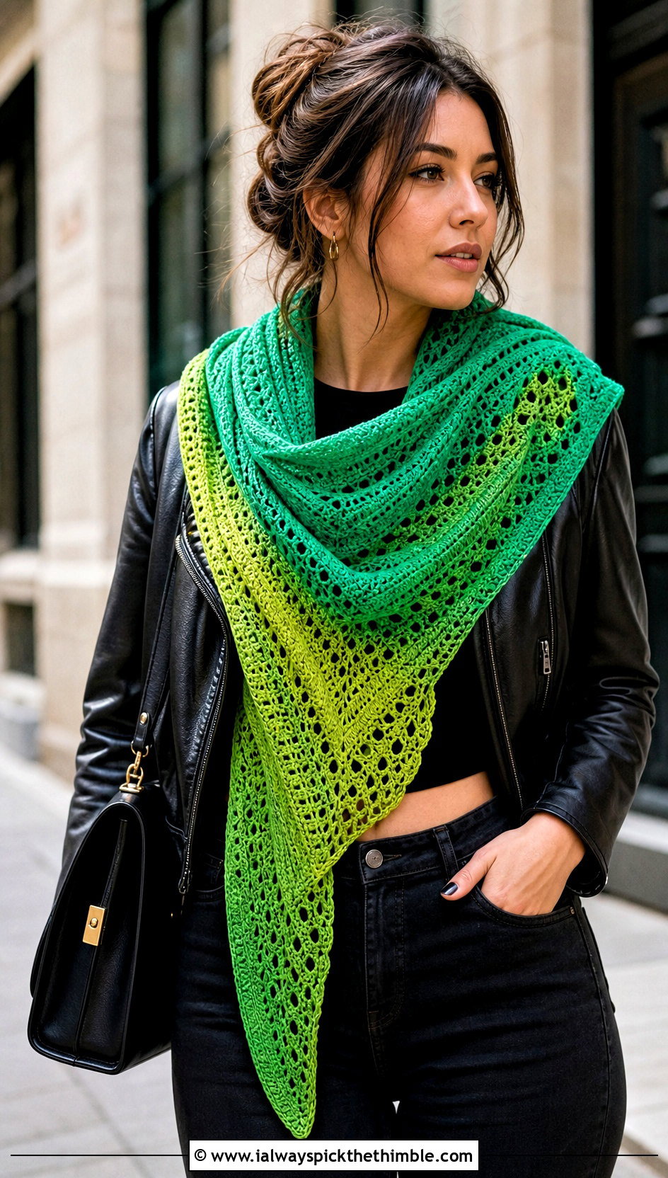 Asymmetric Boomerang Shawl In A Cake With Leather Jacket - 20 Crochet Shawl In A Cake outfit ideas