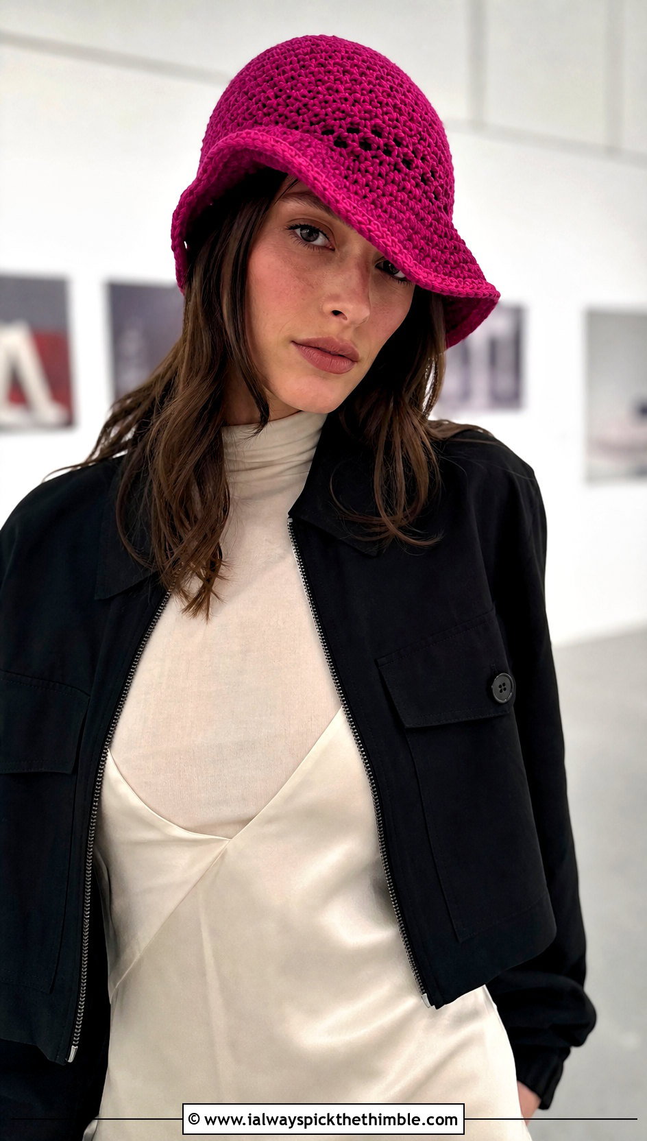 Asymmetric Brim Crochet Cloche Hat With Slip Dress And Moto Boots - 20 Cloche Crochet Hat outfit ideas