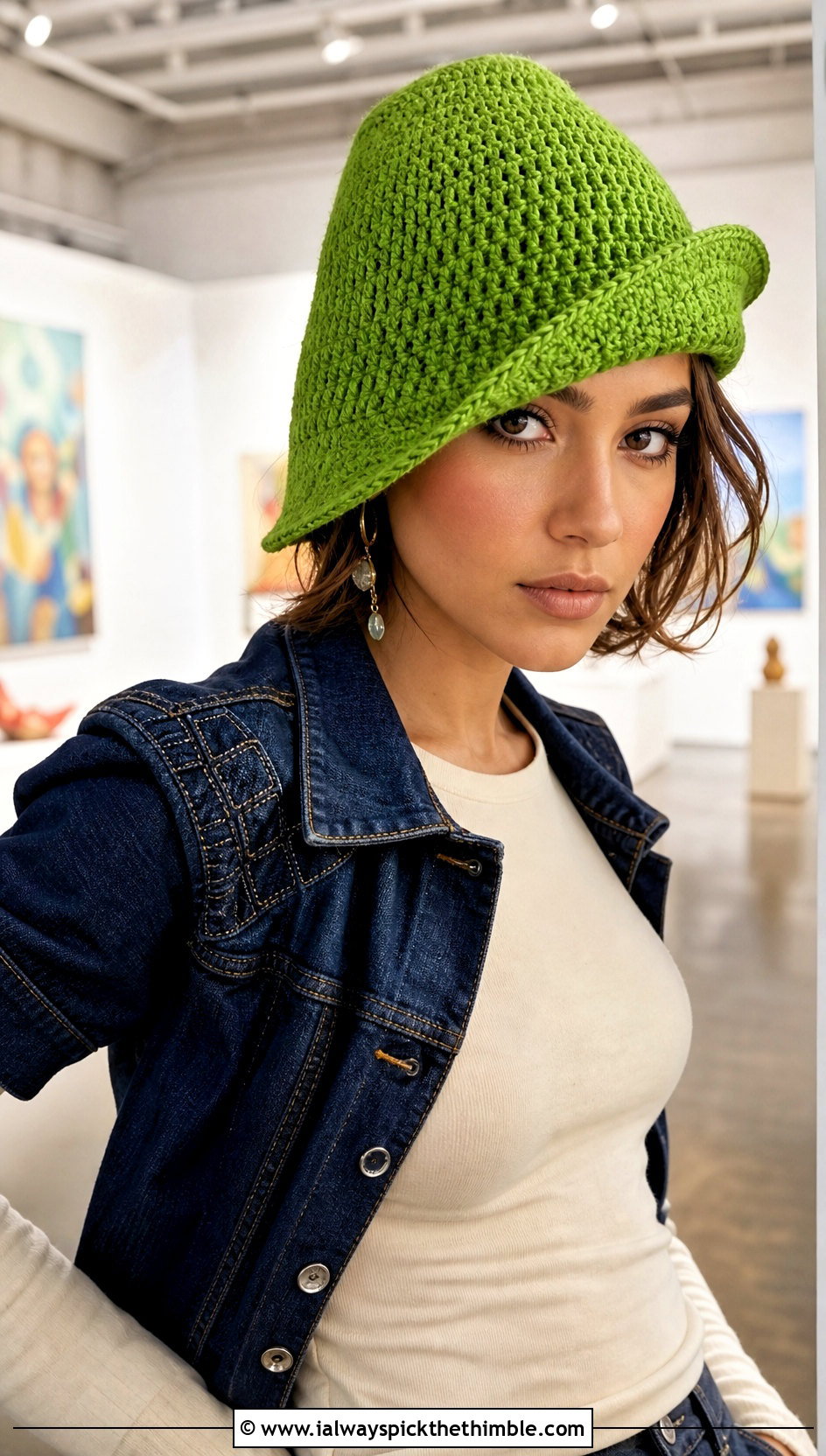 Asymmetric Brim Crochet Flapper Hat With Denim Midi Skirt - 20 crochet flapper hat outfit ideas
